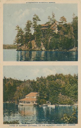 Two different images of summer cottages on a lakeside.