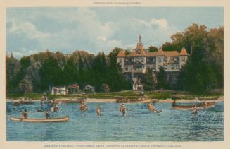 People bathing and canoeing in a lake in front of a large hotel.