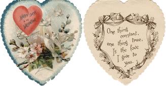 A heart-shaped card with doves and flowers on the front. Inside is a verse with a border of lin ...
