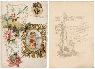 The focal image shows a cherub holding two hearts. She is framed by a gold border decorated wit ...