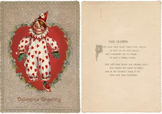 Front of card: A child dressed in a white clown suit with a pattern of red hearts on it. He wea ...