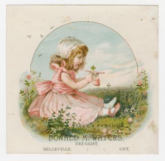 Colour trade card advertisement depicting an illustration of a girl in a pink dress holding a f ...