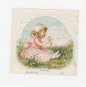 Colour trade card advertisement depicting an illustration of a girl in a pink dress holding a f ...