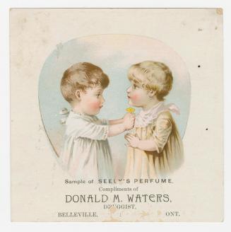 Colour trade card advertisement depicting an illustration of two children facing each other whi ...