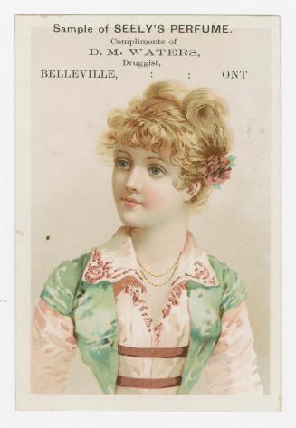 Colour trade card advertisement depicting an illustration of a female gazing to her right. Capt ...