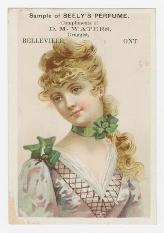 Colour trade card advertisement depicting an illustration of a female with a green bow around h ...