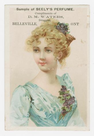 Colour trade card advertisement depicting an illustration of a female in a turquoise blue dress ...