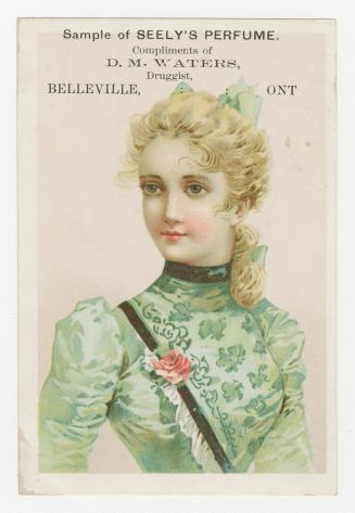 Colour trade card advertisement depicting an illustration of a female in a green dress. Caption ...