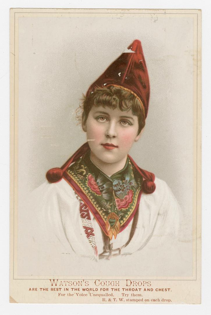 Colour trade card advertisement depicting an illustration of a lady in a red cap wearing an eth ...
