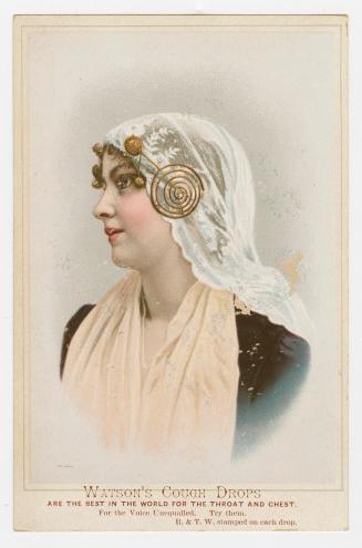 Colour trade card advertisement depicting an illustration of a lady wearing a white lace headsc ...