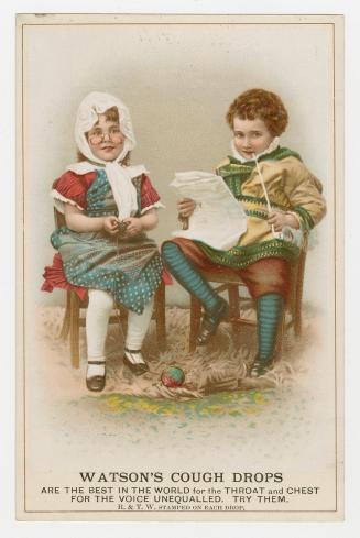 Colour trade card advertisement depicting an illustration of a girl and boy sitting together on ...