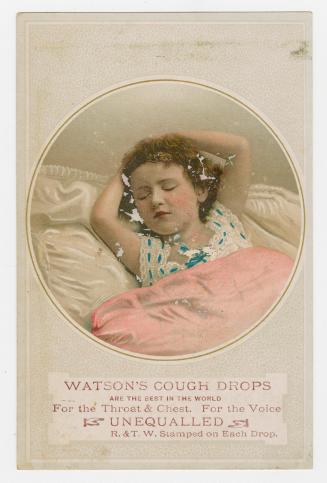Colour trade card advertisement depicting an illustration of a girl lying in bed. The caption a ...