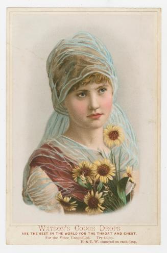 Colour trade card advertisement depicting an illustration of a female with a pale blue scarf on ...