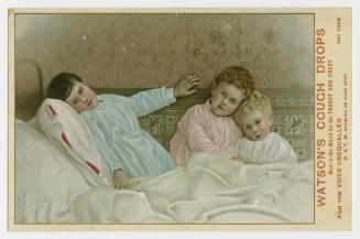 Colour trade card advertisement depicting an illustration of three children sitting back on a b ...