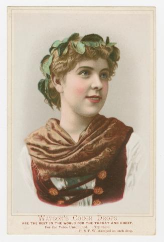 Colour trade card advertisement depicting an illustration of a lady with a wreath of green leav ...