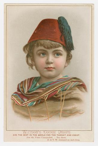 Colour trade card advertisement depicting an illustration of a child wearing a red cap and a co ...