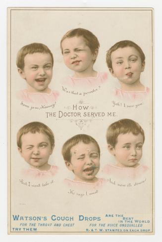 Colour trade card advertisement depicting an illustration of a child shown six times showing a  ...