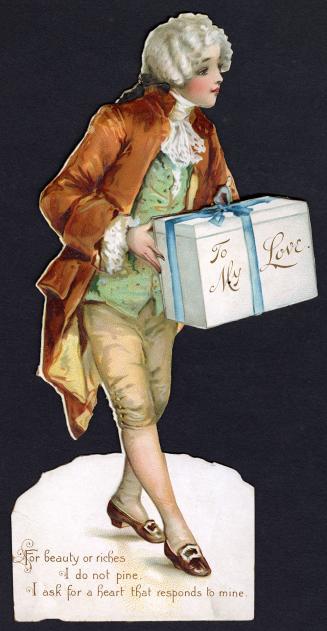 A young gentleman in old-fashioned clothes stands, holding a gift box. The box opens to reveal  ...