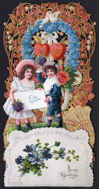 A pop-up card.Foreground: A boy and girl stand in the grass together, smiling and holding bouqu ...