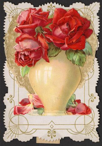 Red roses in a cream coloured vase with a gold border. When the roses are pulled forward, hidde ...