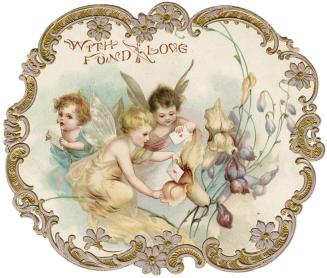 Three fairy/cherub children mail letters with hearts on them. They appear to be using flowers a ...