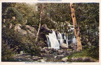 Photograph of waterfalls cascading down rock in the bush.