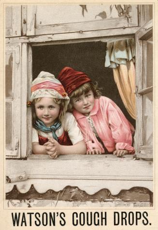 Colour trade card advertisement depicting an illustration of two children looking out a window. ...
