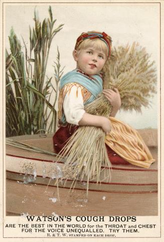 Colour trade card advertisement depicting an illustration of a child holding a sheaf of hay. Th ...