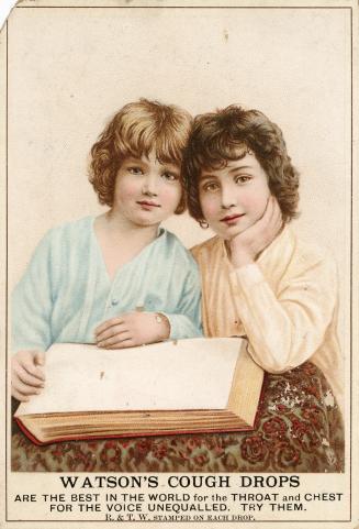 Colour trade card advertisement depicting an illustration of two children sitting up with a boo ...
