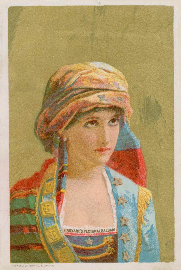 Colour trade card advertisement depicting an illustration of a lady in a colourful hat and dres ...