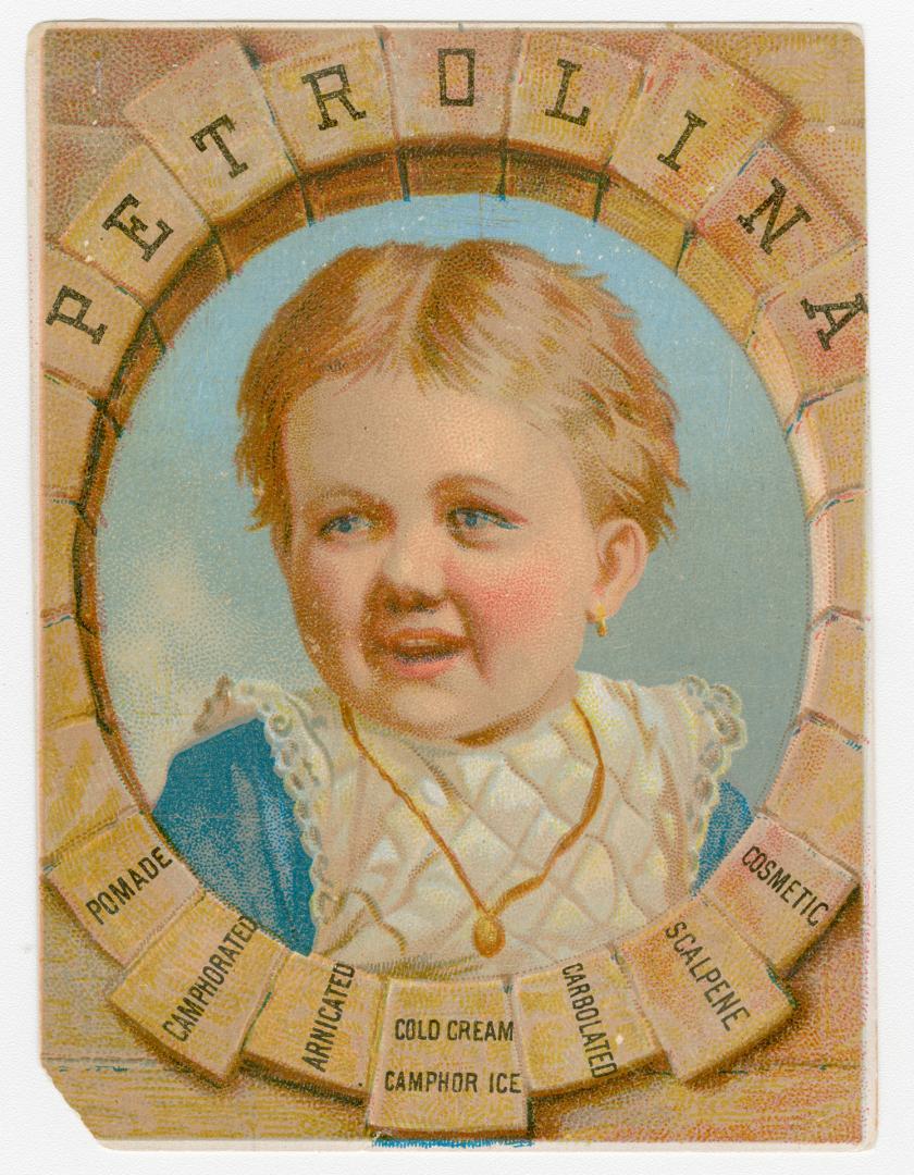 Colour trade card advertisement depicting an illustration of a happy-looking young child. Capti ...