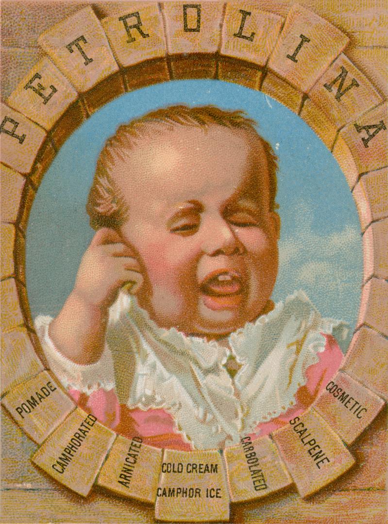 Colour trade card advertisement depicting an illustration of a baby with two front teeth. Capti ...