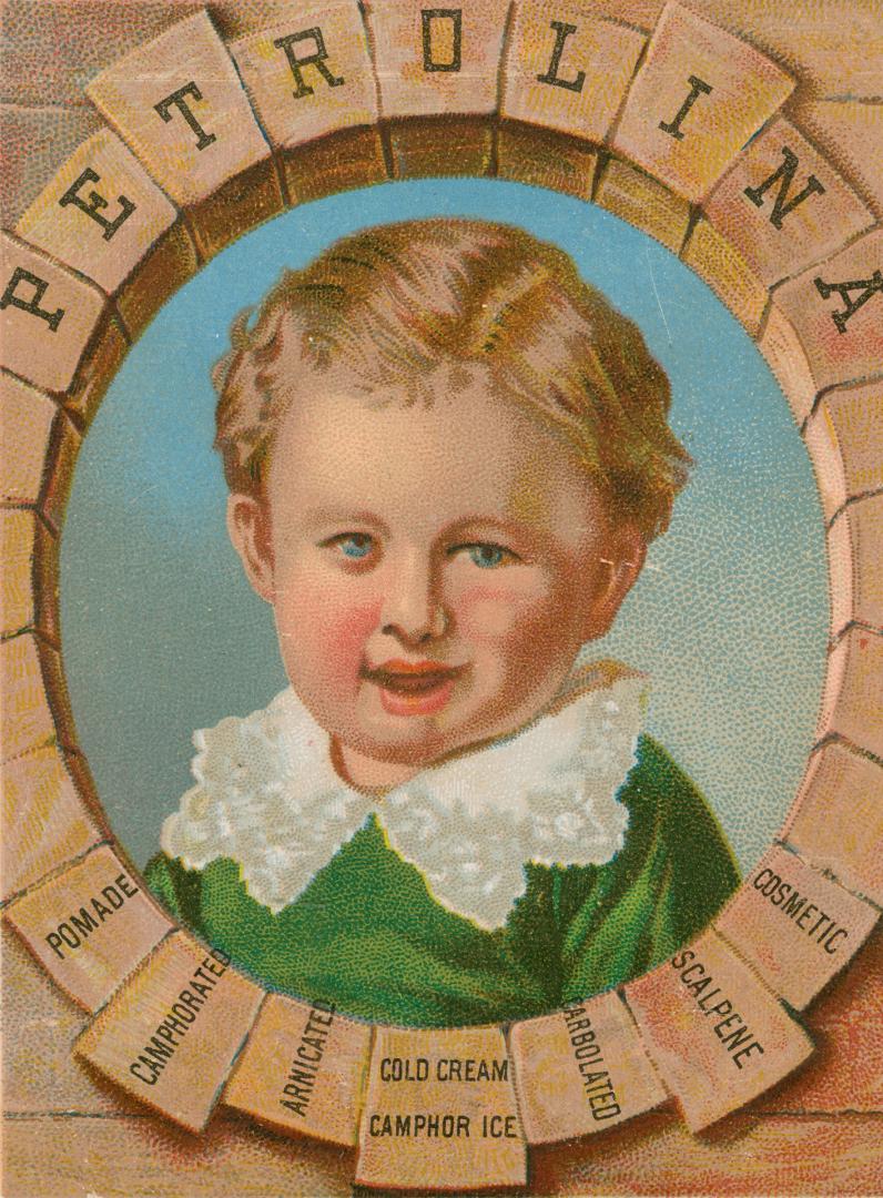 Colour trade card advertisement depicting an illustration of a child wearing a green and white  ...