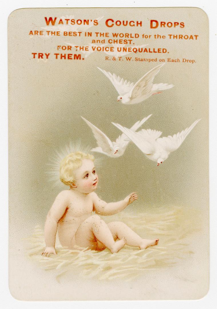 Colour trade card advertisement depicting an illustration of an angelic child with three doves. ...