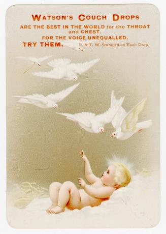 Colour trade card advertisement depicting an illustration of an angelic child looking up at six ...