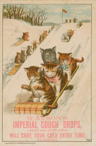 Colour trade card advertisement depicting an illustration of cats toboganning. The caption at t ...