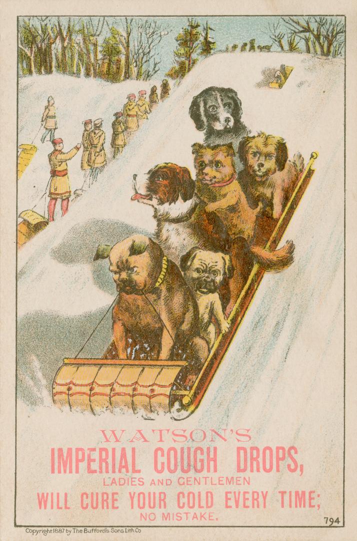 Colour trade card advertisement depicting an illustration of dogs toboganning. The caption at t ...