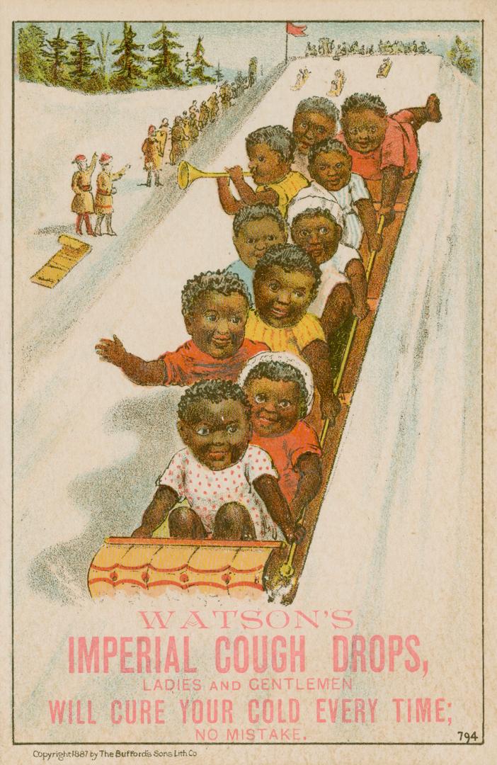 Colour trade card advertisement depicting an illustration of black children toboganning. The ca ...
