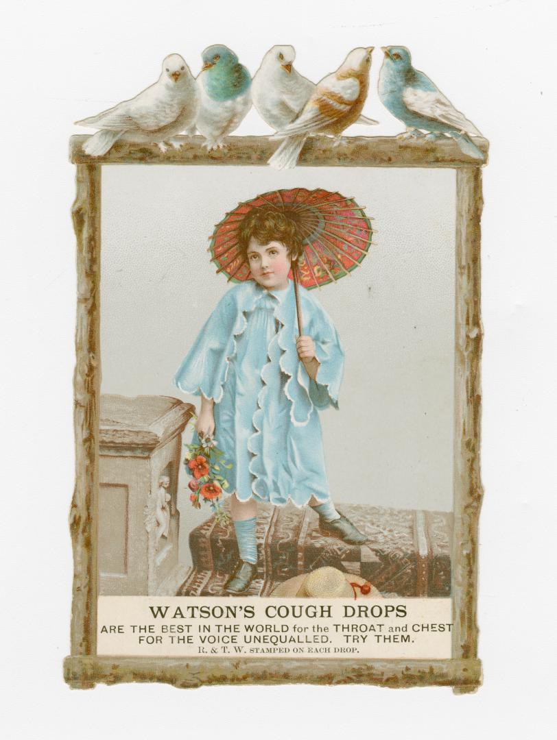 Colour trade card advertisement depicting an illustration of a child in a blue outfit holding a ...