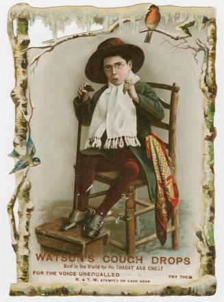 Colour trade card advertisement depicting an illustration of a person holding a cane and pipe,  ...
