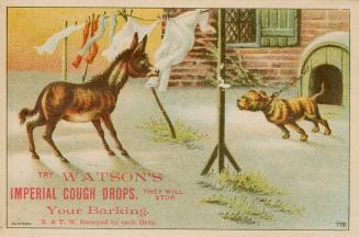 Colour trade card advertisement depicting an illustration of a pony and a dog facing each other ...