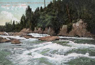 Colorized photograph of rapids in a river.