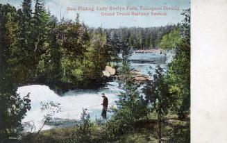 Colorized photograph of a man fishing in a river with waterfalls and rapids.