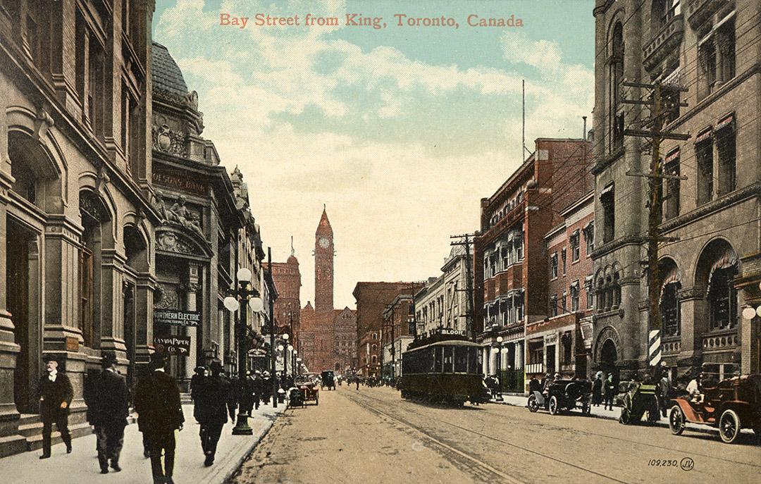 Colorized photograph of a large Ricardsonian Romanesque building with a central clock tower at  ...