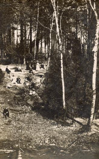 Black and white photograph of people standing in a gully in a forested area
