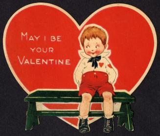 A red heart shaped card. It pictures a boy sitting alone on a bench. He is looking off to the s ...