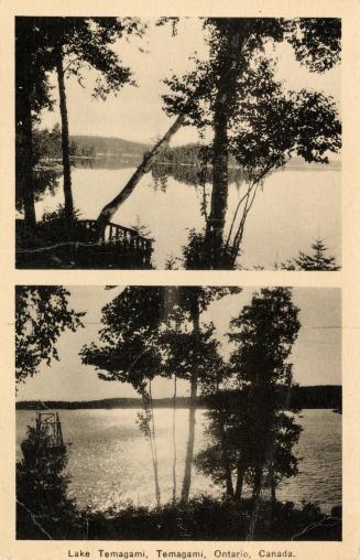Two black and white photographs of a lake in the wilderness.