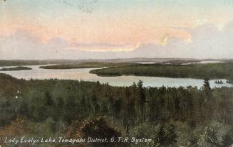 Colorized photograph of a lake in the wilderness. 
