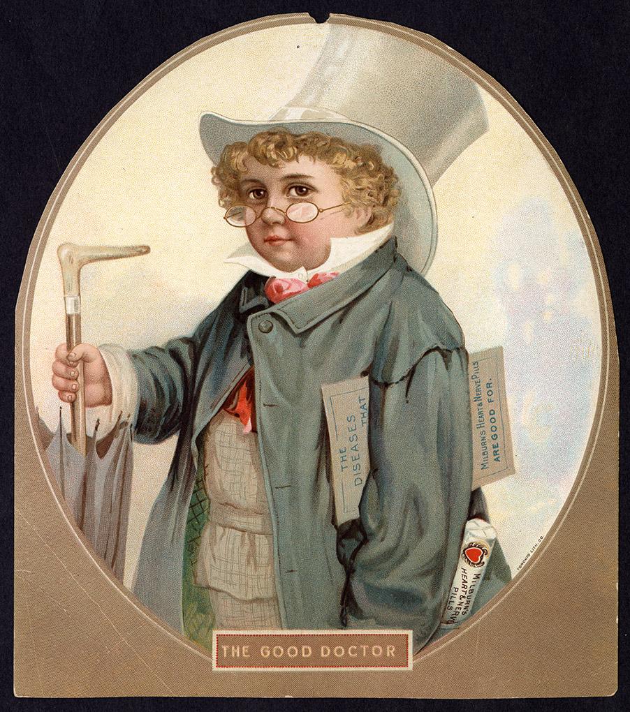 Colour trade card advertisement depicting an illustration of a young, male doctor holding an um ...