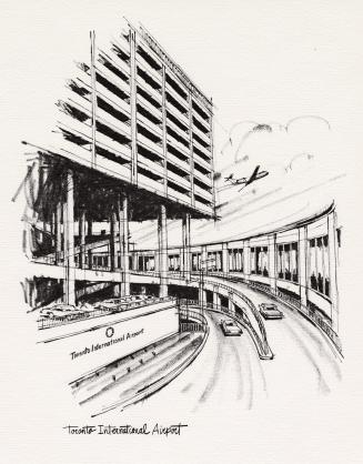 An illustration of an airport, with a road forking into a parking garage area and towards the p ...